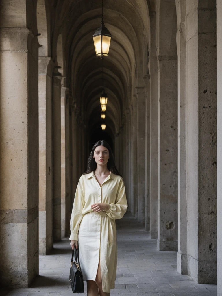 her name is Amelie, high quality, 1girl, ((25-year-old fit Caucasian woman)), ((25 years old)), ((SLIM)), ((long dark hair), pose: standing, wearing In style in trend Generation-Z modern wear different colored, BACKGROUND:"In the Traboules, hidden passageways connecting historic buildings in Old Lyon."