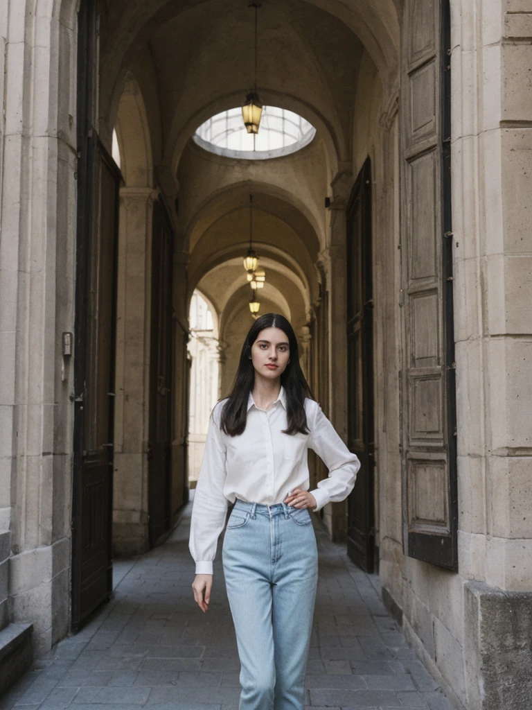her name is Amelie, high quality, 1girl, ((25-year-old fit Caucasian woman)), ((25 years old)), ((SLIM)), ((long dark hair), pose: standing, wearing In style in trend Generation-Z modern wear different colored, BACKGROUND:"In the Traboules, hidden passageways connecting historic buildings in Old Lyon."