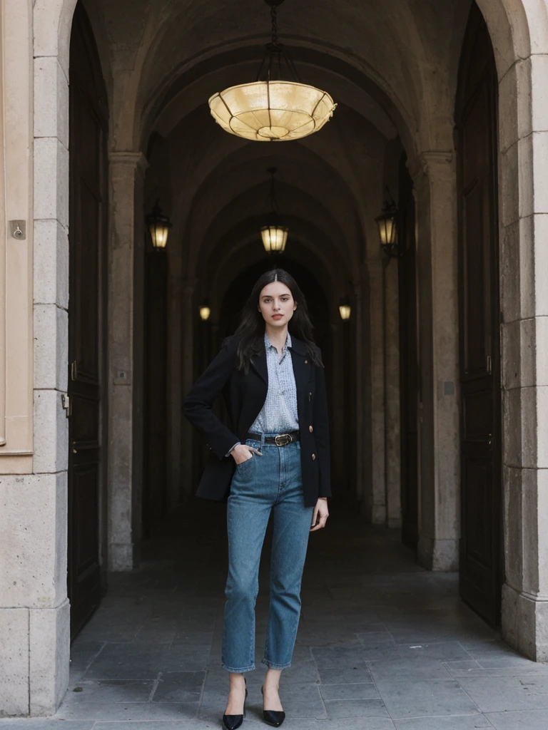 her name is Amelie, high quality, 1girl, ((25-year-old fit Caucasian woman)), ((25 years old)), ((SLIM)), ((long dark hair), pose: standing, wearing In style in trend Generation-Z modern wear different colored, BACKGROUND:"In the Traboules, hidden passageways connecting historic buildings in Old Lyon."