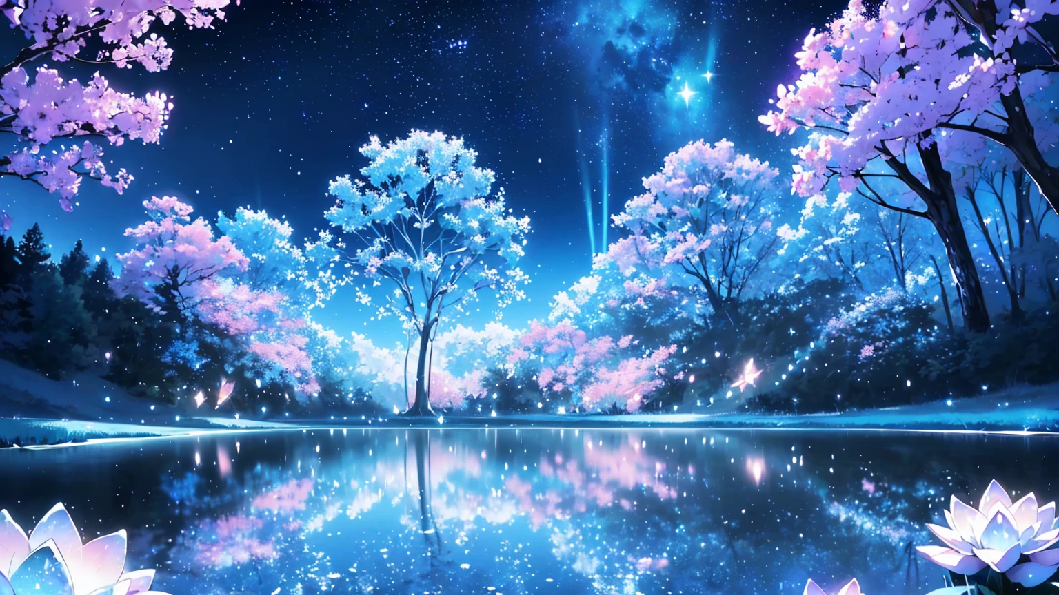 Mystical landscape with ((luminous starry blue and white flowers emitting light particles surrounding pond)),softly glowing butterflies, (one beautiful vivid purple sakura tree), (((unique view with extremely vivid multicolors without any people))), {extremely detailed 16k CG unity wallpaper}, expansive natural landscape photography, (wide open field view), (low angle shot),complex details, (iridescent colors: 1.6), (dark night lighting), (atmospheric lighting), Dreamy, unique, no people, reflections perfect,(no humans),landscape only, pixiv_fantasia,((starry glittering pond,water filled with shimmering stardust)),dark night