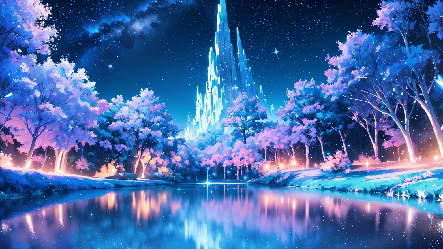 Mystical landscape with ((luminous starry blue and white flowers emitting light particles surrounding pond)),softly glowing butterflies, (one beautiful vivid purple sakura tree), (((unique view with extremely vivid multicolors without any people))), {extremely detailed 16k CG unity wallpaper}, expansive natural landscape photography, (wide open field view), (low angle shot),complex details, (iridescent colors: 1.6), (dark night lighting), (atmospheric lighting), Dreamy, unique, no people, reflections perfect,(no humans),landscape only, pixiv_fantasia,((starry glittering pond,water filled with shimmering stardust)),dark night