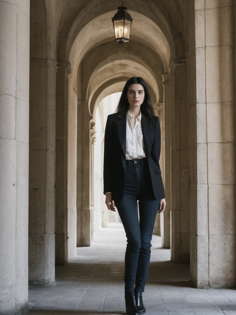 her name is Amelie, high quality, 1girl, ((25-year-old fit Caucasian woman)), ((25 years old)), ((SLIM)), ((long dark hair), pose: standing, wearing In style in trend Generation-Z modern wear different colored, BACKGROUND:"In the Traboules, hidden passageways connecting historic buildings in Old Lyon."