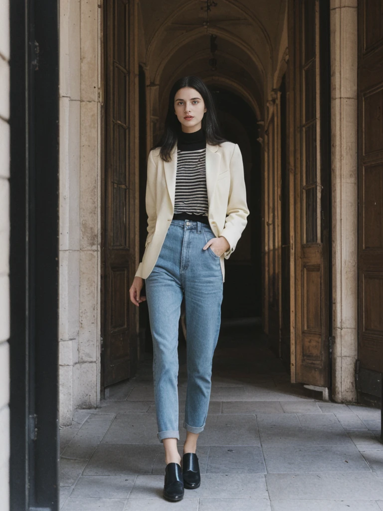 her name is Amelie, high quality, 1girl, ((25-year-old fit Caucasian woman)), ((25 years old)), ((SLIM)), ((long dark hair), pose: standing, wearing In style in trend Generation-Z modern wear different colored, BACKGROUND:"In the Traboules, hidden passageways connecting historic buildings in Old Lyon."