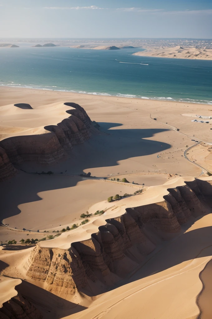 masterpiece, best quality, extremely detailed, hyperrealistic, photorealistic, city with a lot of white clouds, sandstorm, strong wind, wave, aerial view shot