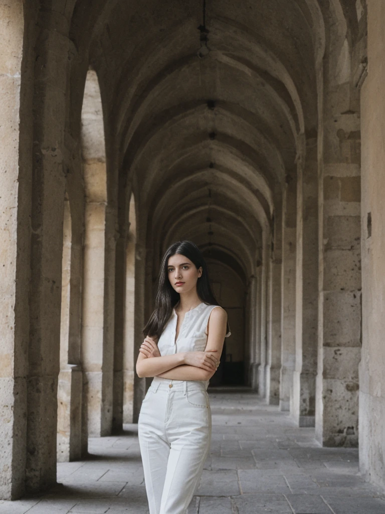 her name is Amelie, high quality, 1girl, ((25-year-old fit Caucasian woman)), ((25 years old)), ((SLIM)), ((long dark hair), pose: standing, wearing In style in trend Generation-Z modern wear different colored, BACKGROUND:"In the Traboules, hidden passageways connecting historic buildings in Old Lyon."