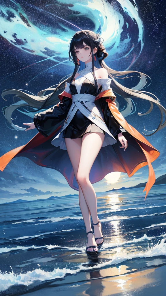 Official Art, Integrated 8K wallpapers, Very detailed, masterpiece, Best image quality,Ultra Wide Angle,night,woman,Standing by the salt lake,The water is like a mirror,Reflecting the sky,Look up at the sky,The Milky Way is in the sky,Dynamic Angle, Grace, Bright colors