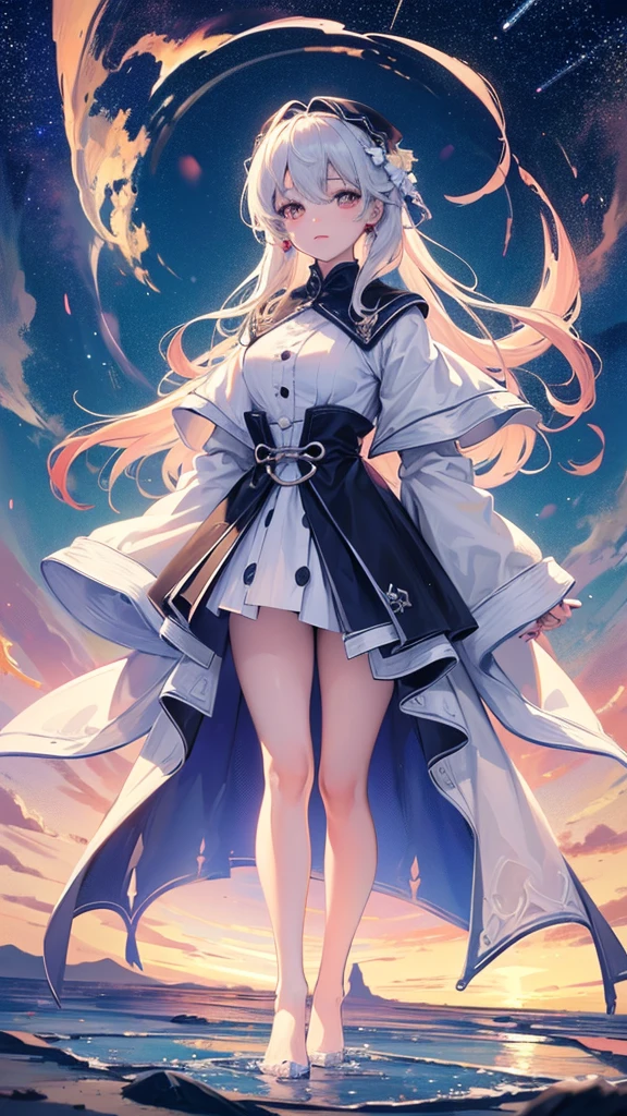 Official Art, Integrated 8K wallpapers, Very detailed, masterpiece, Best image quality,Ultra Wide Angle,night,woman,Standing by the salt lake,The water is like a mirror,Reflecting the sky,Look up at the sky,The Milky Way is in the sky,Dynamic Angle, Grace, Bright colors
