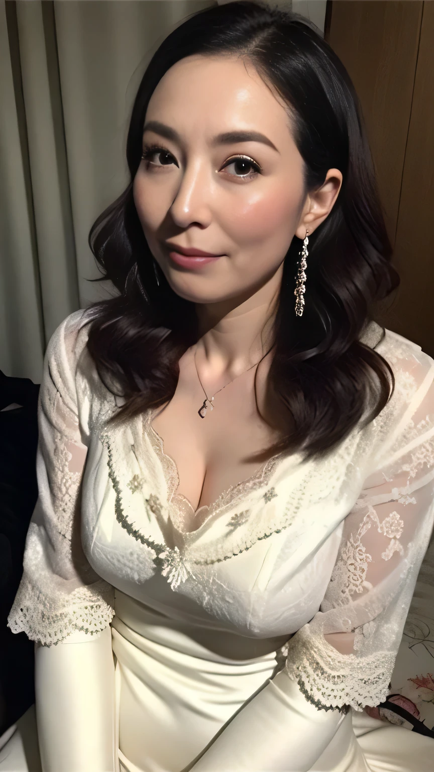 From the chest up, , mast, best quality, Very detailed, Practical, Ultra dense skin, Perfect anatomical structure, (1 Japanese mature woman), (Solitary), 60 years old, Large Breasts, Mature adult female, full, Sexy, Pure white skin, Viewer, Middle-aged women,((Large Breasts 1.5)),Upper limbs, compensate, (Lipstick: 0.9), (Eyeliner: 0.8), mascara, Eyeshadow, curls, earrings, necklace, transparent, suite,Sit up straight in bed、Sexyベージュの下着、Tempt the viewer's gaze、