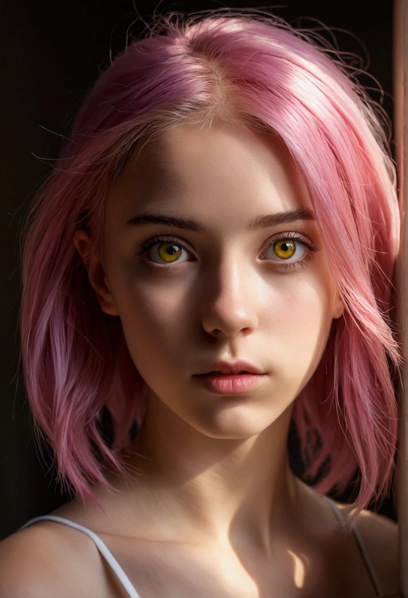 (8k, CRU photo, best qualityer, work of art), ultra-high resolution, (realisitic, photo-realisitic), 1 girl, Emotionless, standing alone, pink  hair, yellow  eyes, professional lighting, detailed lighting, contra-luz, Depth of field, natural lighting, sharp focus, two meter shooting distance, professional photo session, detailedeyes, realisitic eyes, detailed shadow,   beautiful young girl, slim, fully body, new, totalmente new, beautiful and slender body, no clothing, seamless.