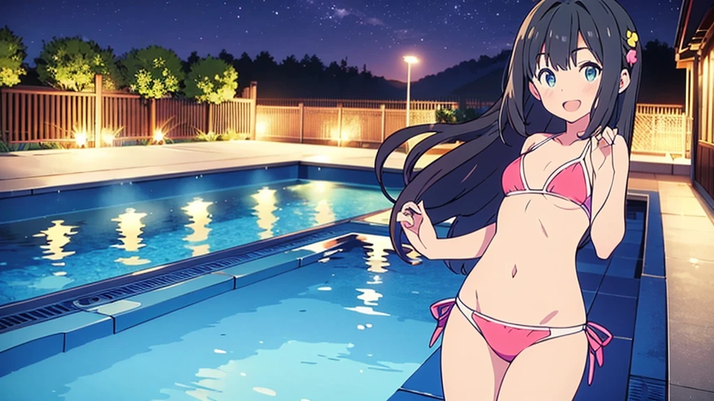 Masterpiece, Best Quality, extremely detailed, cheered up, girl,night pool,high waist bikini,SMILE,:d,action,(small breasts),ass focus