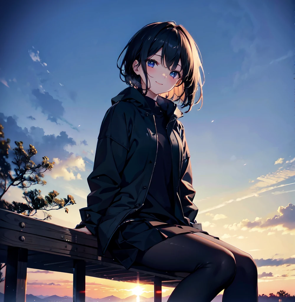 (Dark Scene, Soft lighting, High saturation):1.4, Vivid lighting, Enchanting elegance, Harmonious composition, Creative refinement, Striking contrast,
(One beautiful girl), Sitting, smile, Expose, black hair short nude
((sunset)),Volumetric Fog, Outdoor, Backlight