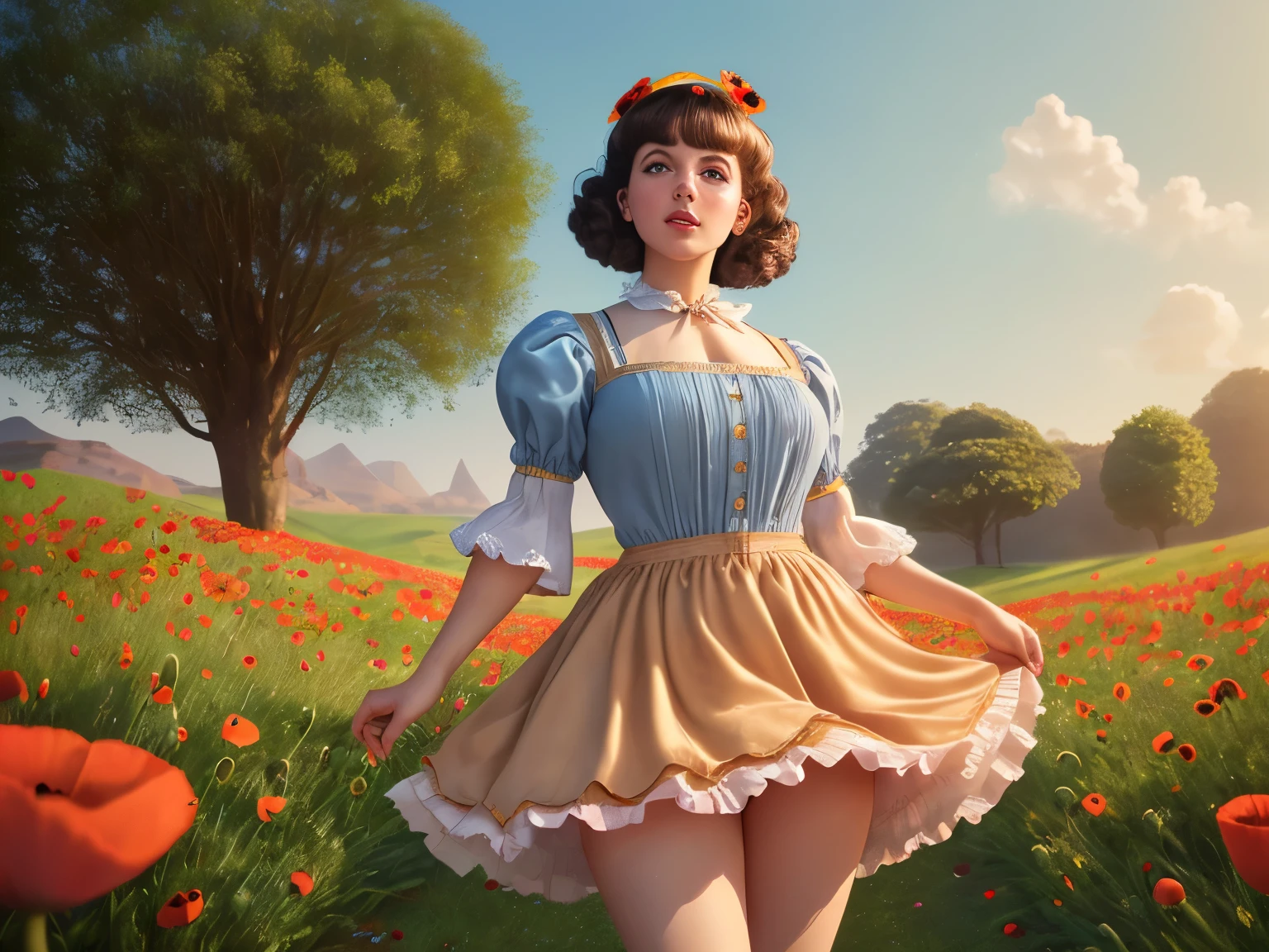 (best quality, 4k, 8k, high resolution, masterpiece:1.2), ultra-detailed, (realistic, photorealistic, photo-realistic:1.37), ((Dorothy Gale)), slim, 21-year-old, (short wavy pink hair), winding yellow brick road, form-fitting 1950s style dress, light blue, (Deep square neckline), (ample bosom), short puffed sleeves, gathered shoulders, (tight bodice), small buttons, cinched waist, torn (((ultra-short))) layered skirt, (((upskirt))), (shapely bottom), wide hips, white socks, red shoes, (((hips focus))), ((Giant red poppies)), tree-thick stems, large yellow sunflowers, curving yellow brick road, (((Vintage cinematic style))), classic Wizard of Oz movie inspiration, beautiful detailed eyes, beautiful detailed lips, extremely detailed eyes and face, 1girl, dynamic pose, intricate dress details, soft skin texture, vibrant colors, dreamy atmosphere, fantasy landscape, surreal elements, volumetric lighting, depth of field, cinematic composition, (((camel toe))), lowangleview-3000