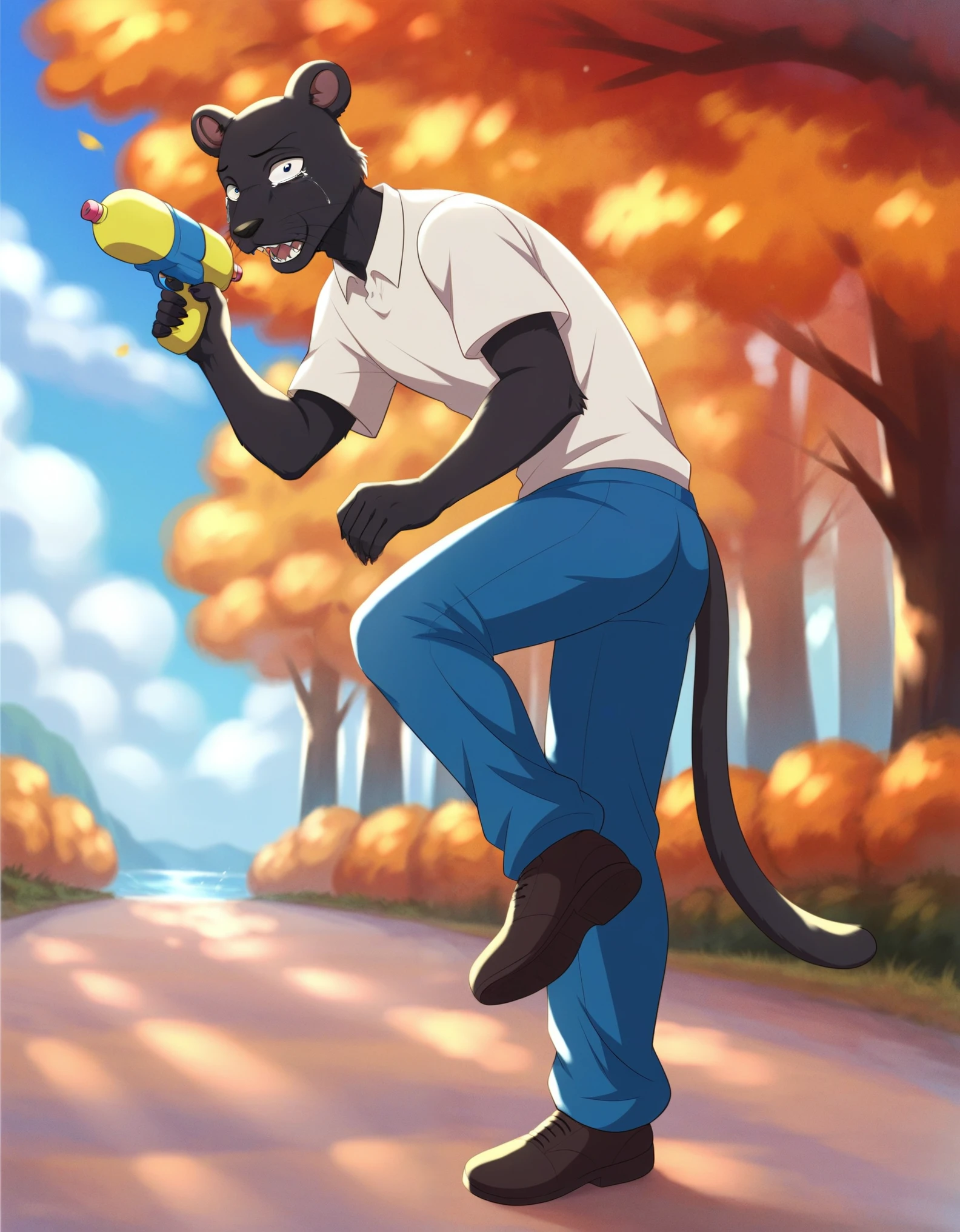 tao, beastars, black, panther, 1boy, furry male, furry, solo, male focus, whiskers, teeth, sharp teeth, shirt, upper body, tears, animal ears, crying, mouse ears, water gun, tail, male swimwear, ass, full figure, sky, outdoors, day, simple background, yellow background, white shirt, looking at viewer, full body, white background, blue pants, pants, tree, blurry, short sleeves, parody, open mouth