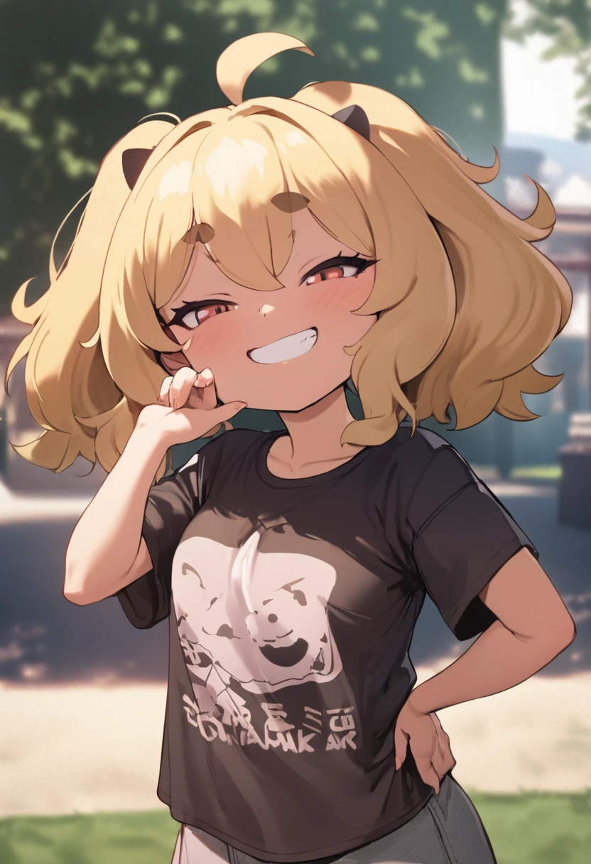 1girl, (23 \(Real Xxiii\):0.5), (waterkuma:0.5), solo, shortstack, mesugaki, t-shirt, medium breasts, fingernails, portrait, head tilt, finger to mouth, looking at viewer, smug, grin, outdoors, park, dappled sunlight, perfect lighting, depth of field, blurry background, cinematic, filmic, high budget, (masterpiece), (best quality), (ultra-detailed), very aesthetic, illustration, perfect composition, intricate details, absurdres