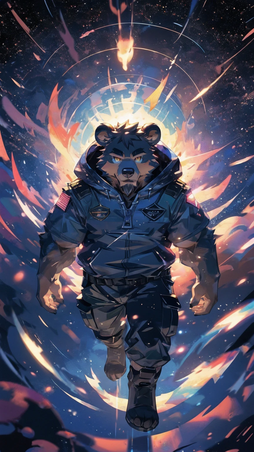 (masterpiece:1.2), best quality,pixiv,official art,perfect anatomy, (Ray tracing, light),solo, (1_male:1.3) , (muscle), (grey fur:1.4), (muscle bear), (beard:1.2), (gleaming golden eyes), bear tail, full body, Thick black eyebrows,(open hooded parka), (naked inside), (cargo pants:1.2), boots , (in the space:1.3) , star , planet , earth , asteroid , (character floating :1.3)