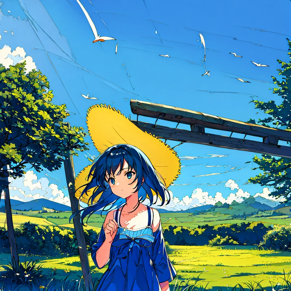 Beautiful summer scenery, blue sky, wind chimes, nostalgic, girl