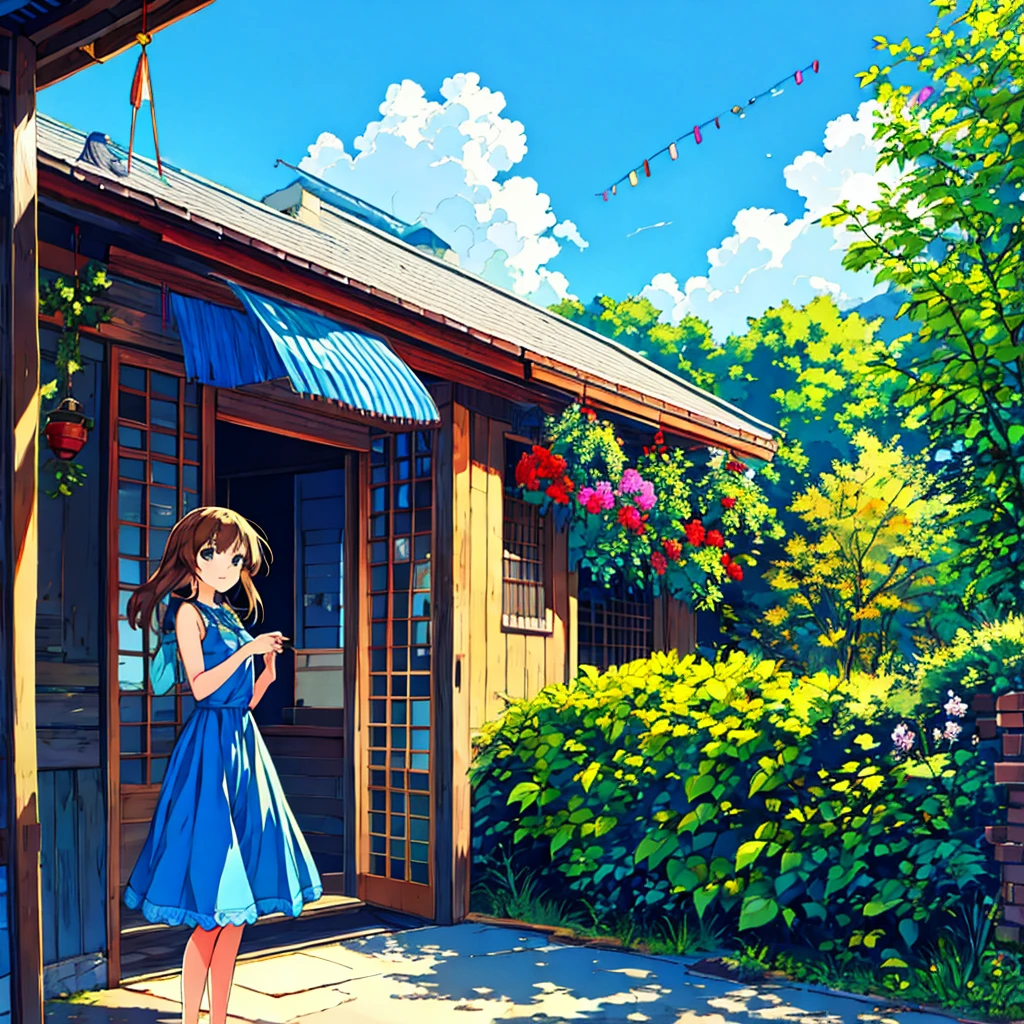 Beautiful summer scenery, blue sky, wind chimes, nostalgic, girl 