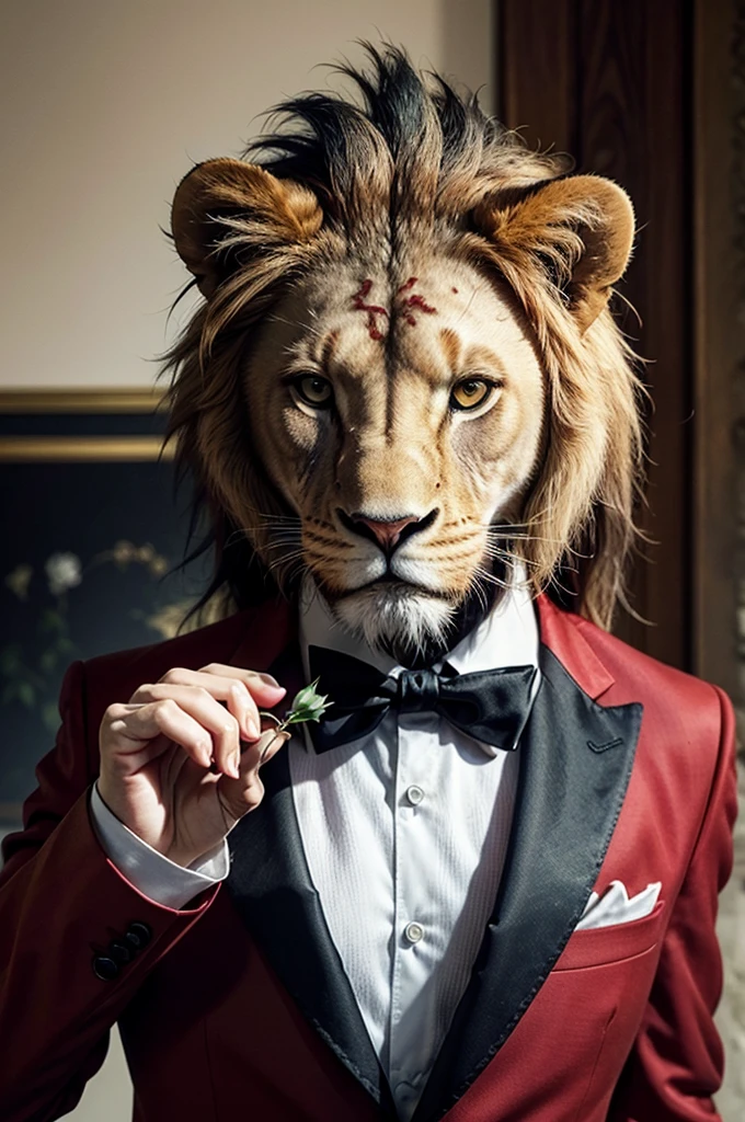 Create an image of a majestic lion. The lion has red eyes and holds a red rose gently in its mouth. It is dressed in a dark green blazer over a white shirt. The overall composition should convey a striking and unique combination of fierceness and elegance, blending the wild nature of the lion with the sophistication of its attire.






