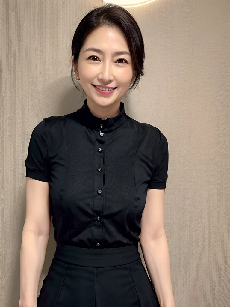 Highest quality、masterpiece、8k、Very detailed、Realistic、(One woman)、(Looking at me with a smile:1.5)、(50 years old:1.2),、(Wrinkles around the eyes:1.2)、(Wrinkles around the mouth)、whole body、Black Hair、Small face、Short Hair、(Slender:1.2)、(Big Breasts)、(Erect nipples:1.2)、(A short-sleeved, tight-fitting black shirt with buttons and a collar:1.2)、(Short tight skirt:1.2)