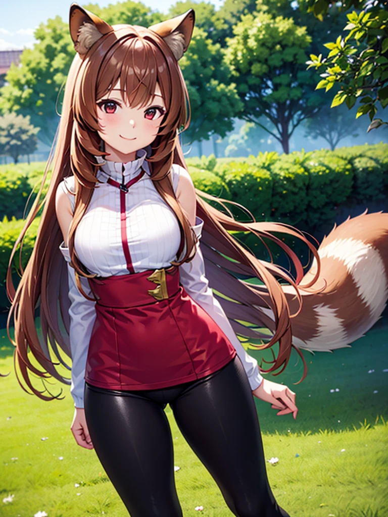 masterpiece、solo、Raphtalia、smile、1 girl、Raccoon ears, leggings, black leggings