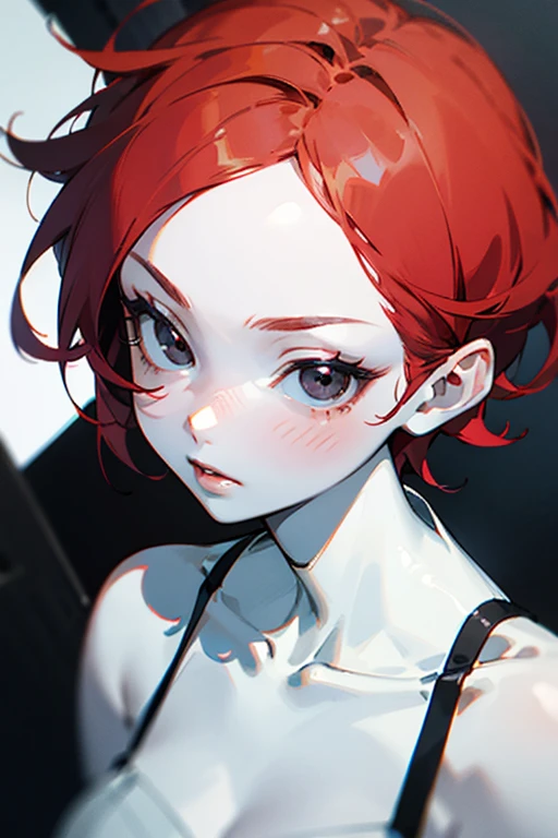 Red short hair anime girl with black eyes and pale skin