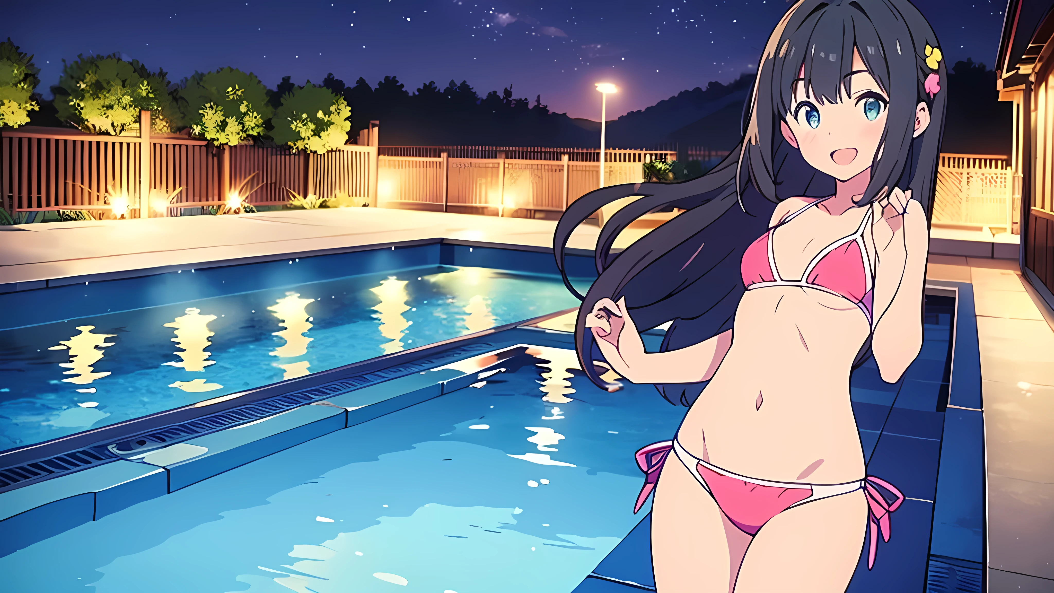 Masterpiece, Best Quality, extremely detailed, cheered up, girl,night pool,high waist bikini,SMILE,:d,action,(small breasts),ass focus 