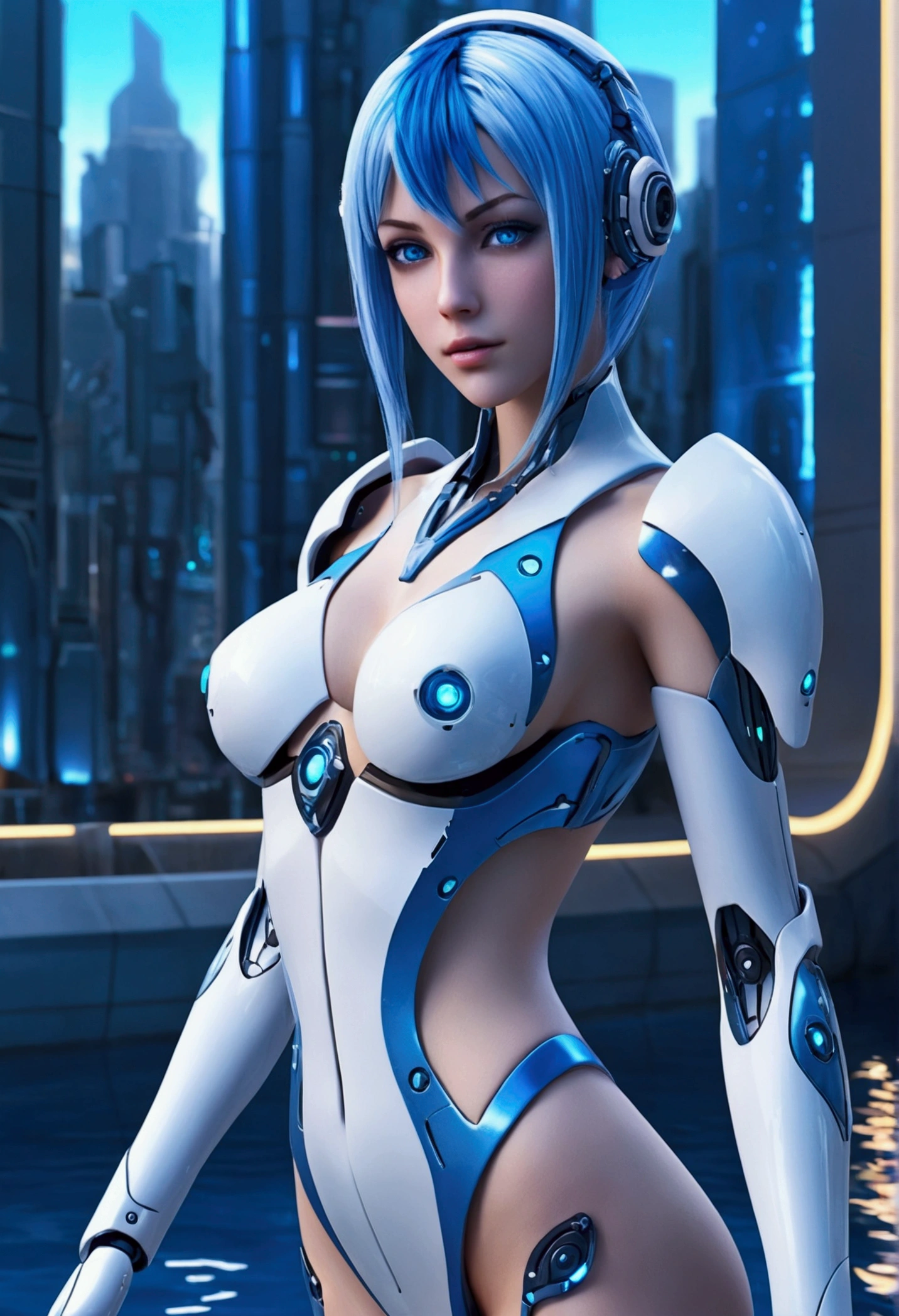 Cyberpunk female perfect character in a futuristic ruin city setting. short silver hair, blue eyes. Wearing partial cybernetic metal bikini armor with glowing blue accents. Urban daylight background with pop smoke in Scandinavian characters. Highly detailed digital art style with dramatic lighting, full body shot, beautiful breasts ,medium breasts, chest press together, show abs