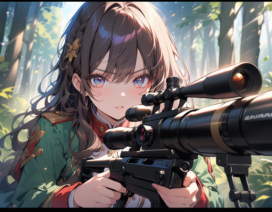 a female sniper, intricate details, highly detailed military uniform, detailed face, beautiful eyes, long eyelashes, determined expression, holding a sniper rifle, in a forest setting, sunlight filtering through the trees, cinematic lighting, vibrant colors, dramatic composition, masterpiece,aiming