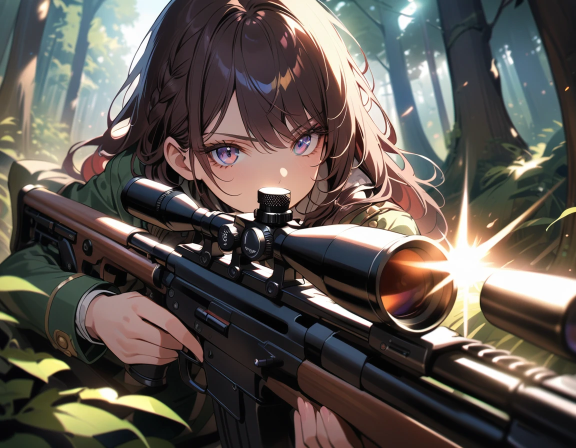 1girl, inoue takina, lycoris recoil, on the rooftop of a building at dawn, with the first light of day breaking through the cityscape. She is holding a Dragunov sniper rifle, looking through the scope and aiming with a focused and determined posture. The cinematic lighting highlights her battle-worn appearance and defiant stance. The scene is a masterpiece of the highest quality with absurd resolution