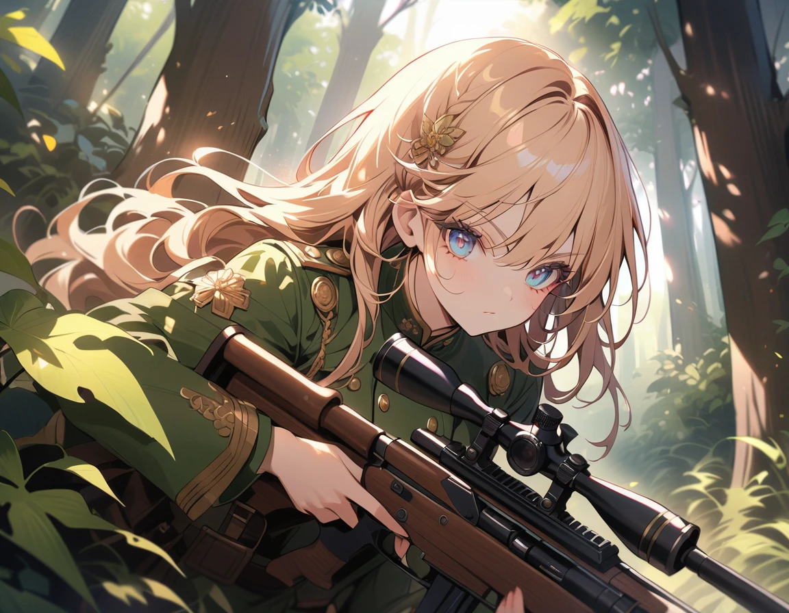 a female sniper, intricate details, highly detailed military uniform, detailed face, beautiful eyes, long eyelashes, determined expression, holding a sniper rifle, in a forest setting, sunlight filtering through the trees, cinematic lighting, vibrant colors, dramatic composition, masterpiece,aiming