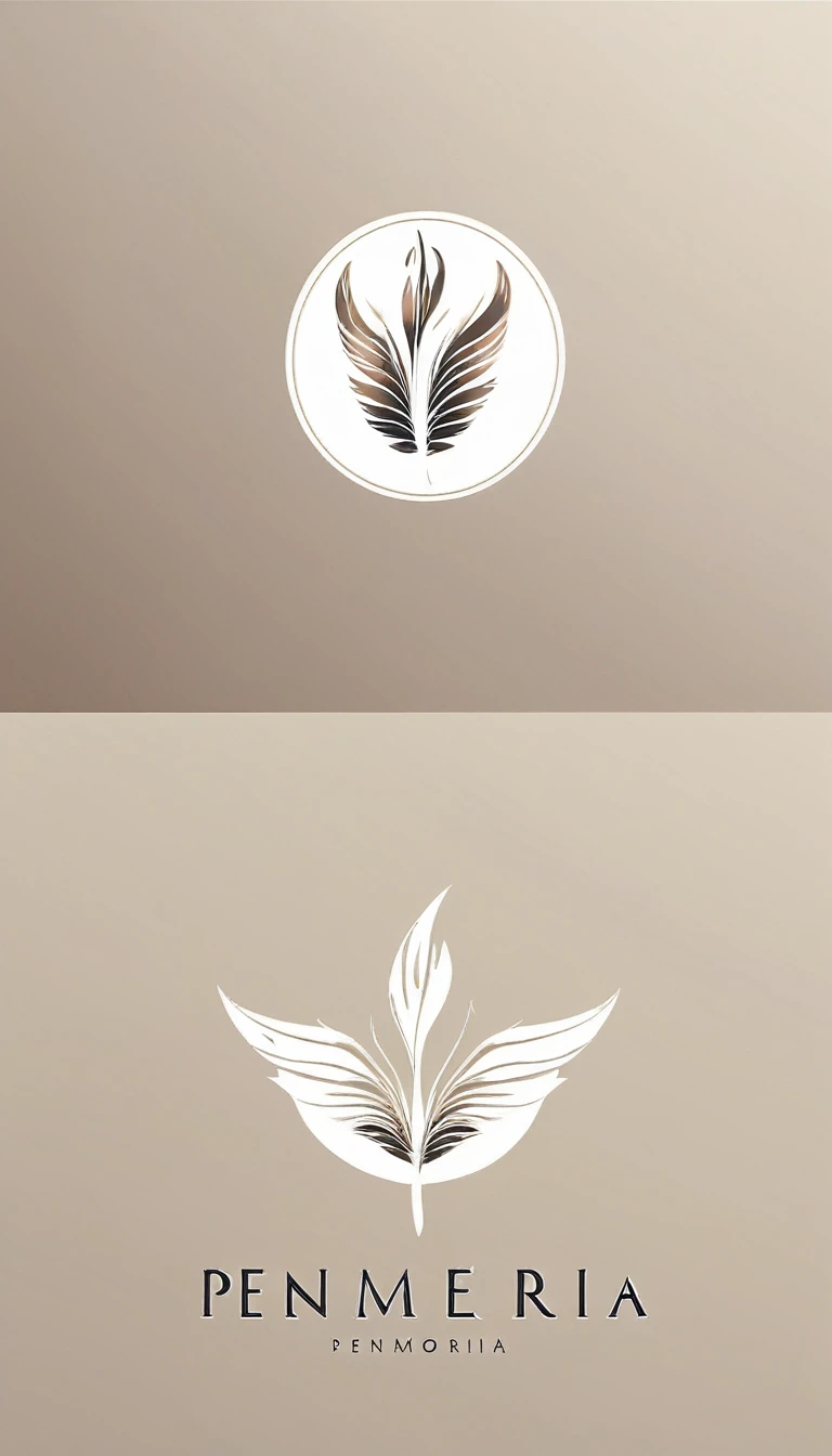 A minimal, modern, simple, cinematic logo design for the brand “Penamemoria". Create a modern, minimalistic, high-quality, logo of a feather with wings that convey a sense of memories and dreams