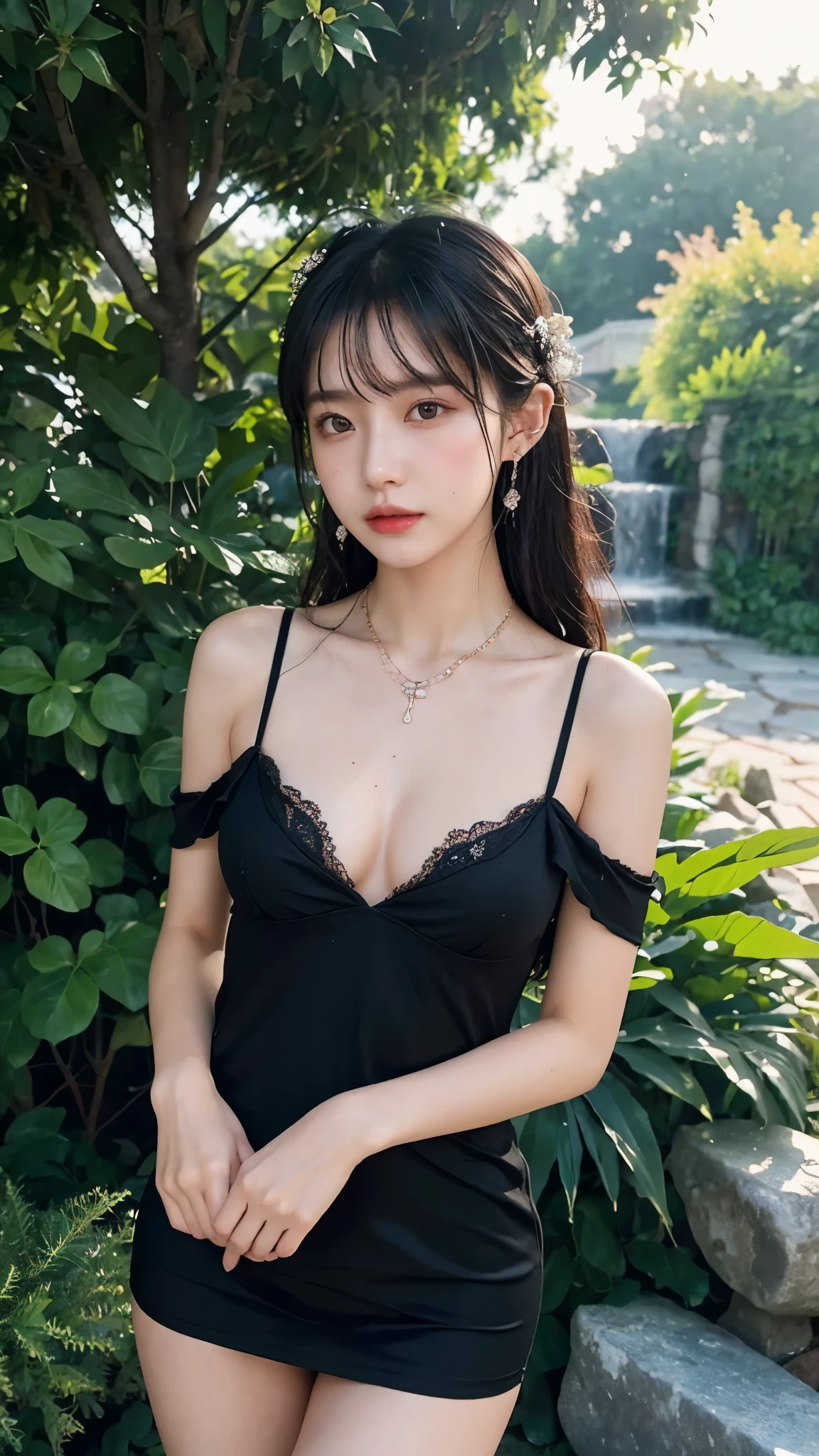 very aesthetic,intricate details,volumetric lighting,subsurface scattering,god rays,1girl,20 years old,
black hair,bangs, black eyes,slim,petite,panties,
(hobble dress),strap slip,bare shoulder,large breasts,(panties aside:1.1),pubic hair,shy,blushing,aroused,sweaty,oily skin,wet skin,standing,seductive pose,fog,outdoors,garden,close-up,perfect eyes, earrings, necklace, hair ornaments,