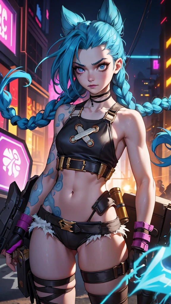 Height: Approximately 1,65 meters. complexion: thin and athletic. fur: pale, with some scars and marks. Hair: Short bright blue, with loose locks and braids. Eyes: light blue, often with a manic glow. outfit: Jinx usually wears worn and ragged clothing., with bright colors and chaotic patterns. He often carries weapons and explosives.