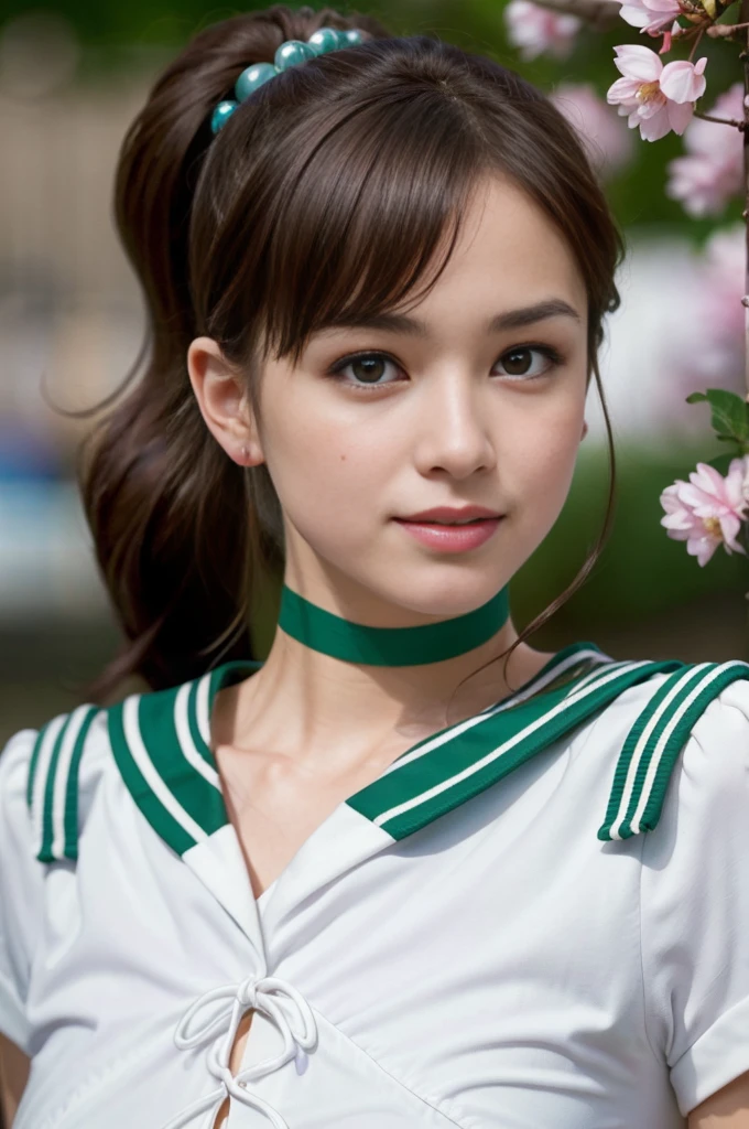 (masterpiece, Highest quality:1.4), (whole body:1.5), (Are standing:1.4), One girl, alone, Ham Jupiter, (Green Eyes), ponytail, (tiara:1.2), jewelry, (Sailor Warrior Uniform:1.5), Green sailor collar, choker, Elbow hand pockets, White gloves, Pink ribbon, brooch, White leotard, Green Skirt, Pleated skirt:1), Beautiful Face, Highly detailed face, Highly detailed eyes, Highly detailed skin, Skin pores, Scattered beneath the surface, Realistic pupils, Mid-chest, Sexy smile, Blush all over face, Fuller lips, Cherry blossom tree background, Scattered beneath the surface, Detailed Background, Depth of written boundary, Volumetric lighting, Sharp focus, Absurd, Realistic proportions, Excellent anatomy, (Realistic, hyperRealistic:1.4), 16k hdr,