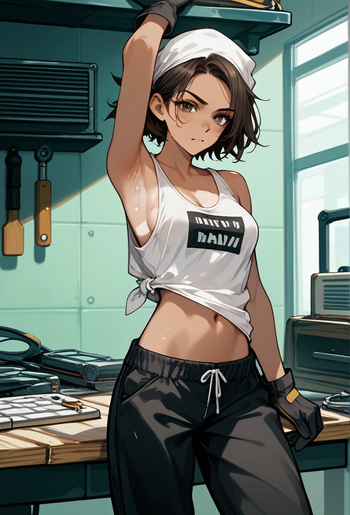 masterpiece, best quality, mature woman, messy hair, black hair, brunette gradient hair color, hot face, (tomboy face), tan skin, mature body, fit body, medium breasts, mechanic gloves, (dirty tank top), stained tank top, midriff, white bandana, mechanic pants, loose pants, workshop, (hand wiping sweat, sweaty), bending over