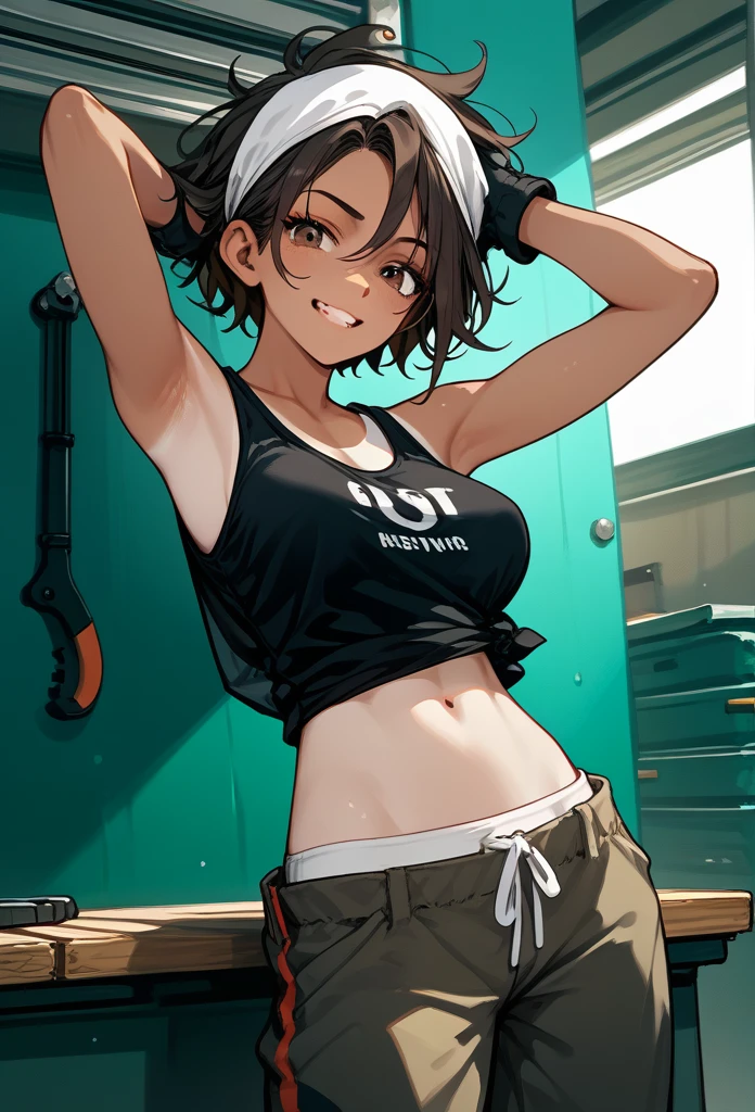 masterpiece, best quality, mature woman, messy hair, black hair, brunette gradient hair color, hot face, (tomboy face), tan skin, mature body, fit body, medium breasts, mechanic gloves, (dirty tank top), stained tank top, midriff, white bandana, mechanic pants, loose pants, workshop, arm up, armpit exposed