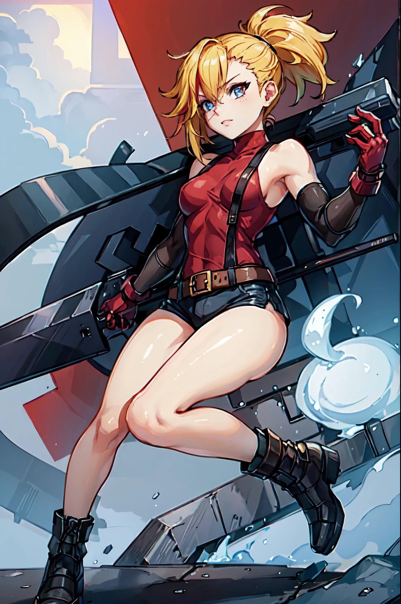 (masterpiece, best quality:1.2), red glowing eyes, red eyes, the eyes are red, perfect face, , strong make up, highres, 1 girl, solo, ultra long ponytail, (female:1.5), strife, blonde hair, shoulder armor, sleeveless turtleneck, suspenders, belt, gloves, bracer, evil smile, standing, portrait, looking at viewer, giant sword on the back, long leather boots, fullbody shot