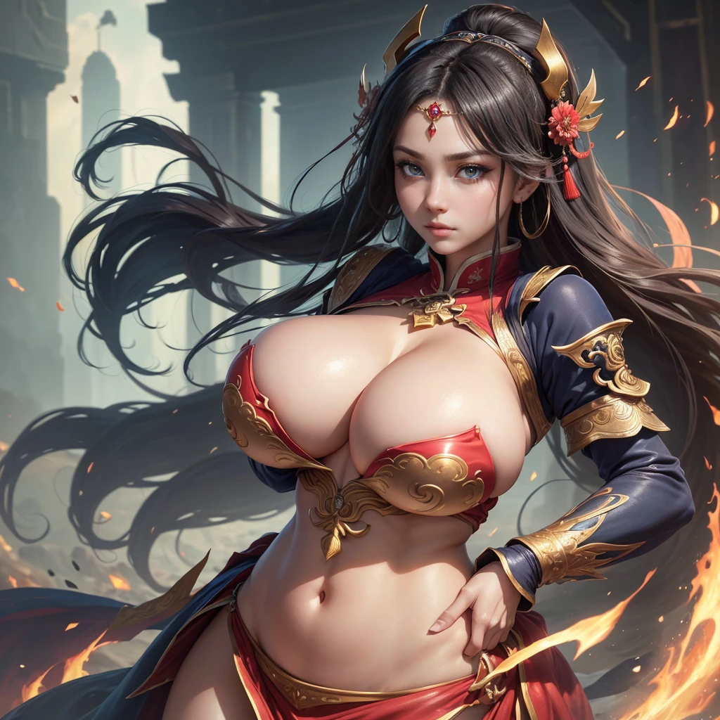 Highly detailed CG unit 8k wallpaper, masterpiece, High resolution, highest quality, highest quality real texture skin, Super Real, Digital Painting, Best image quality, 最High resolution, 8k, ((Highly detailed eyes and face)), 1girl, Beautiful eyes every detail, Full Body Shot, (((Saggy breasts, Gravity-dependent breasts, long chest, Heavy chest, ))), ((disproportionate breasts, huge breasts, sagging breasts, Cleavage, gigantic breasts, erect nipple, sideboobs)), Diao Chan, Three Kingdoms, Yang Guifei, Daji, black hair, 