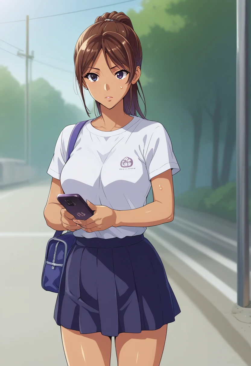 human, ((1girls)), 18 years old, beautiful, ponytail, brown hair, black eyes, Plain T-shirt with Tennis skirt outfit, Z cup breasts, ((brown skin)), fair body, 1m78, deserted, ((Takeda Hiromitsu style)), holding the phone, vail travel, train area,