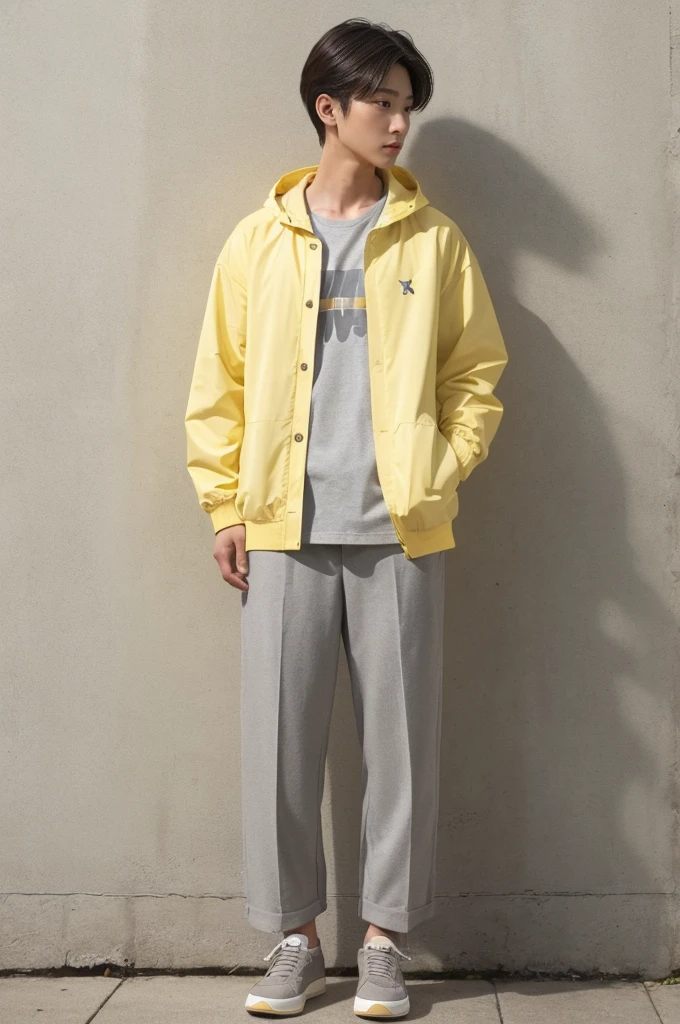Light yellow and light gray:
Jacket:A light yellow loose shirt,Relaxed。
Bottoms:Pair with a pair of light grey cotton casual pants,Comfort level is perfect。
Accessories:Choose a pair of light flat shoes,Carry a simple gray backpack,Simple yet stylish。