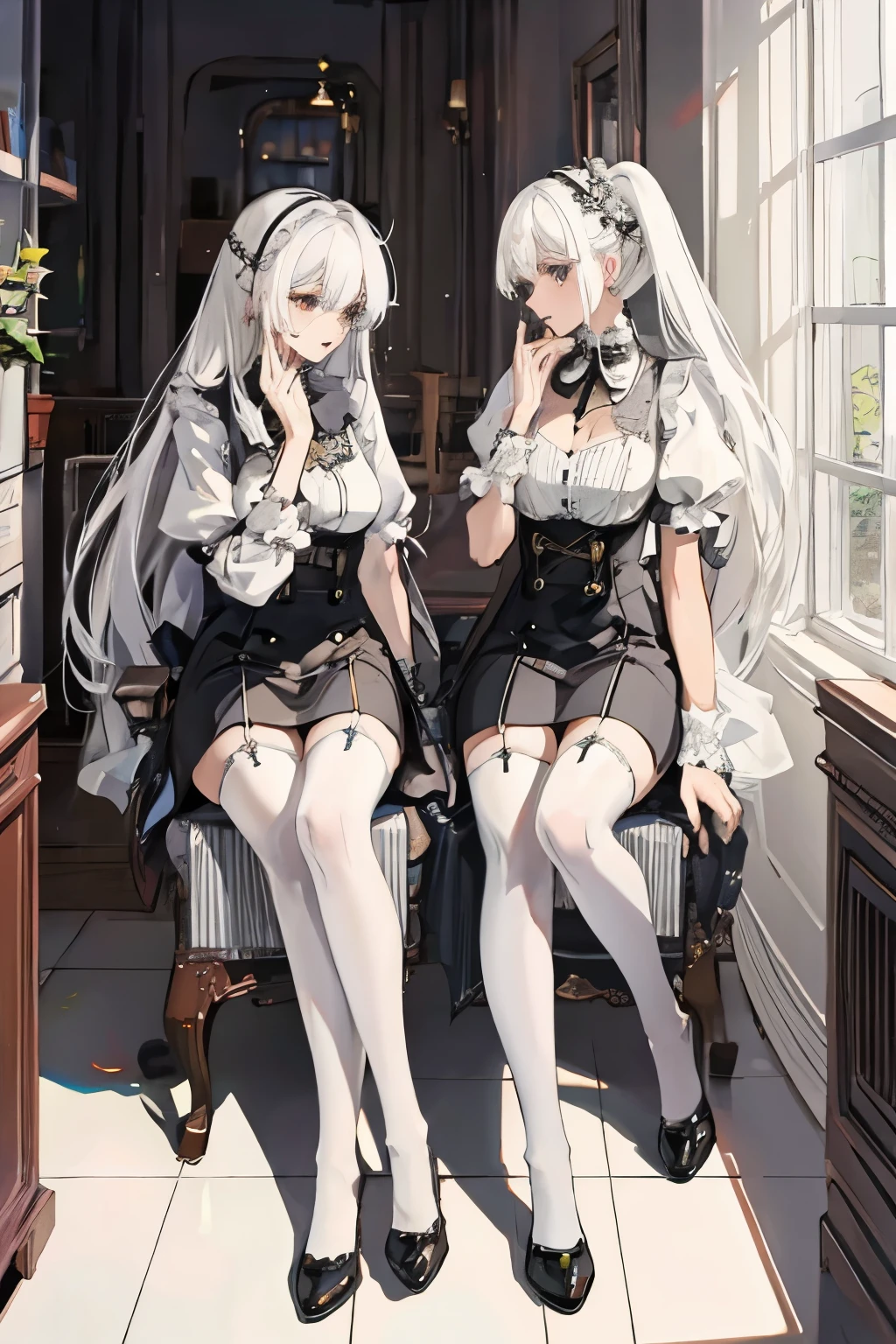 twins,white hair,stockings,mature female