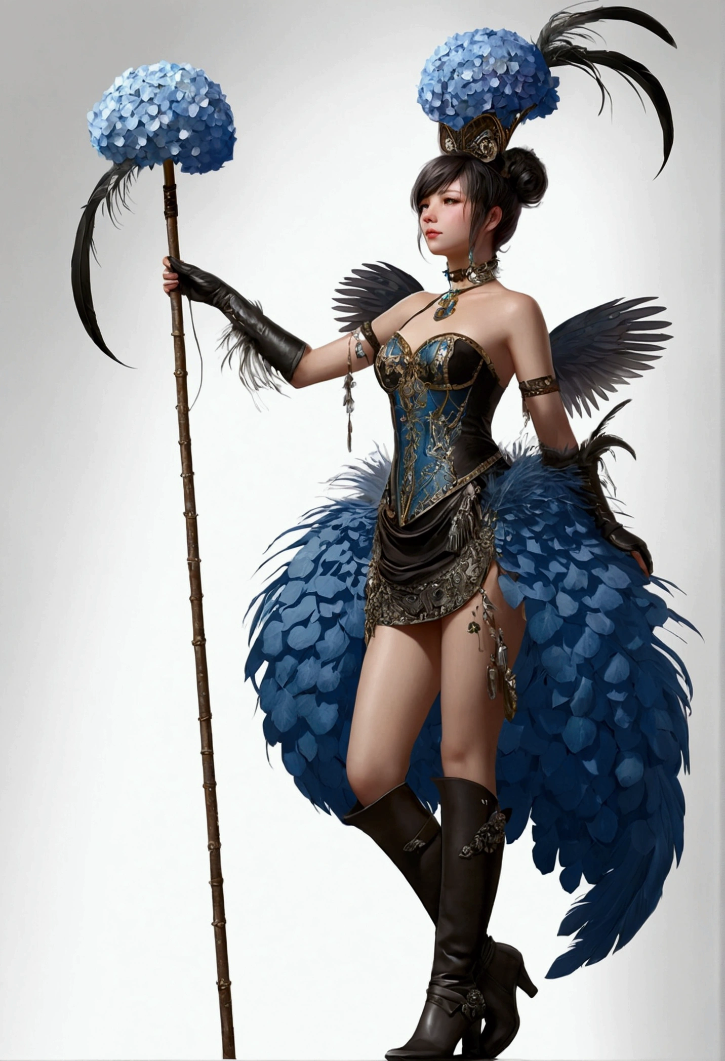 ((extreme detail)),(ultra detali),(painting-like), Bright dark, Extremely detailed CG 8k unity wallpaper, gwendolyn, hip feathers, holding the pole arm, Strapless dress, tails, detached sleeves, choker, Armored thigh boots, feather hair buns, virado para a frente, looking ahead at viewer, White background, error, borboleta, gram, hydrangea, ventail, Mushroon, naturey, plantar, litter, looking away, looking up, From above,