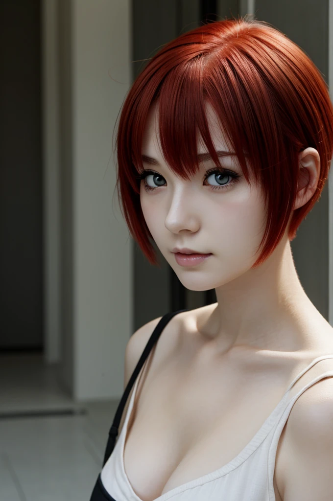 Red short hair anime girl with black eyes and pale skin