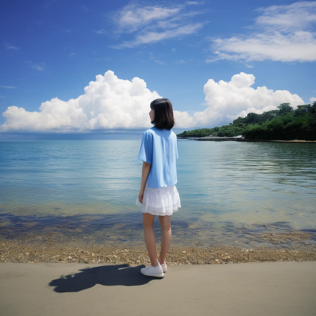 Seaside、blue sky、cumulonimbus、16 years old、Girl's back view、Raise your arms