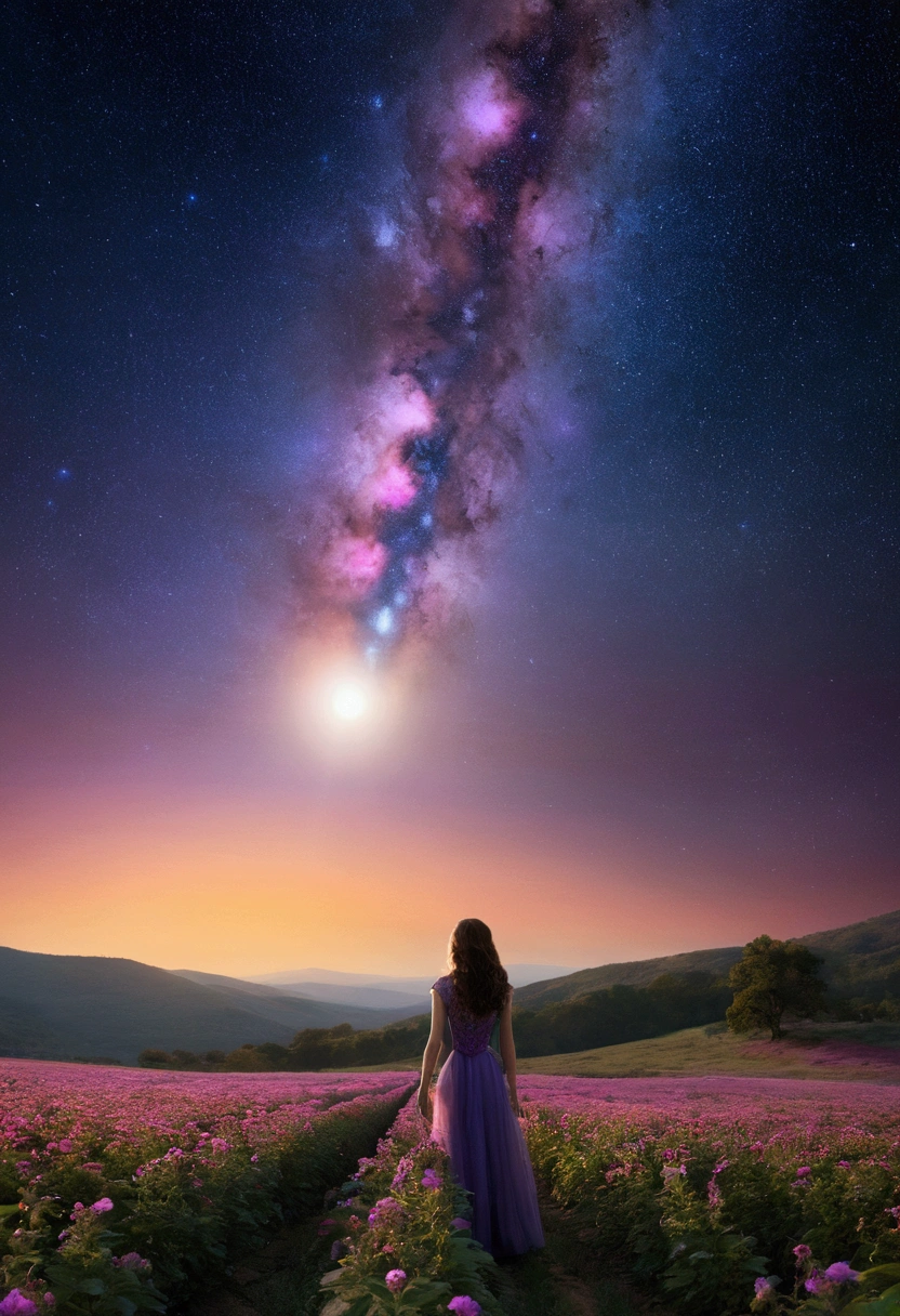 expansive landscape photograph , (a view from below that shows sky above and open field below), a girl standing on flower field looking up, (full moon:1.2), ( shooting stars:0.9), (nebula:1.3), distant mountain, tree BREAK
production art, (warm light source:1.2), (Firefly:1.2), lamp, lot of purple and orange, intricate details, volumetric lighting BREAK
(masterpiece:1.2), (best quality), 4k, ultra-detailed, (dynamic composition:1.4), highly detailed, colorful details,( iridescent colors:1.2), (glowing lighting, atmospheric lighting), dreamy, magical, (solo:1.2)