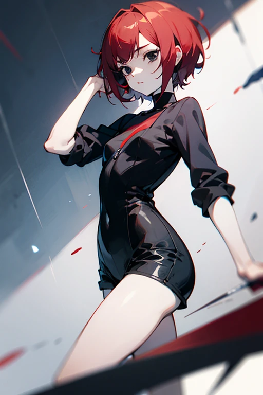 Red short hair anime girl with black eyes and pale skin