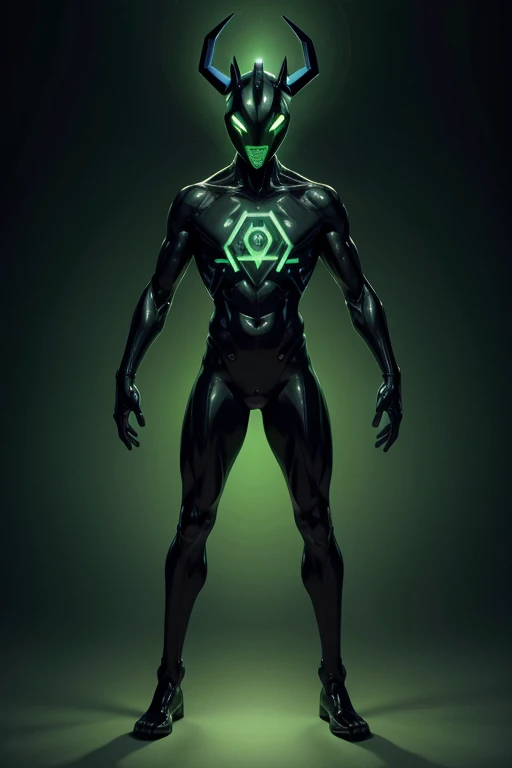 1 alien being seen in full body, almost all of his body green, high, 4-legged and 4-legged, three fingers on the hands, with a mask on his head, which has 3 holes shaped like black hexagons placed in a triangular shape with 2 somewhat rounded smooth green horns, surrounded by a green aura