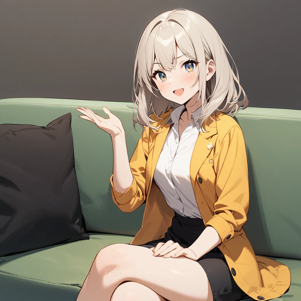 girl,Cross your legs,Sitting on the sofa,Raise a hand