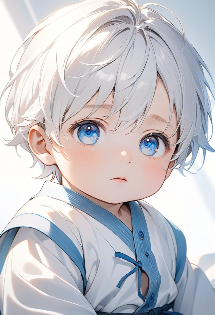 8k,  boy with white hair, blue colored eyes, neutral expression, white  clothes, soft light background