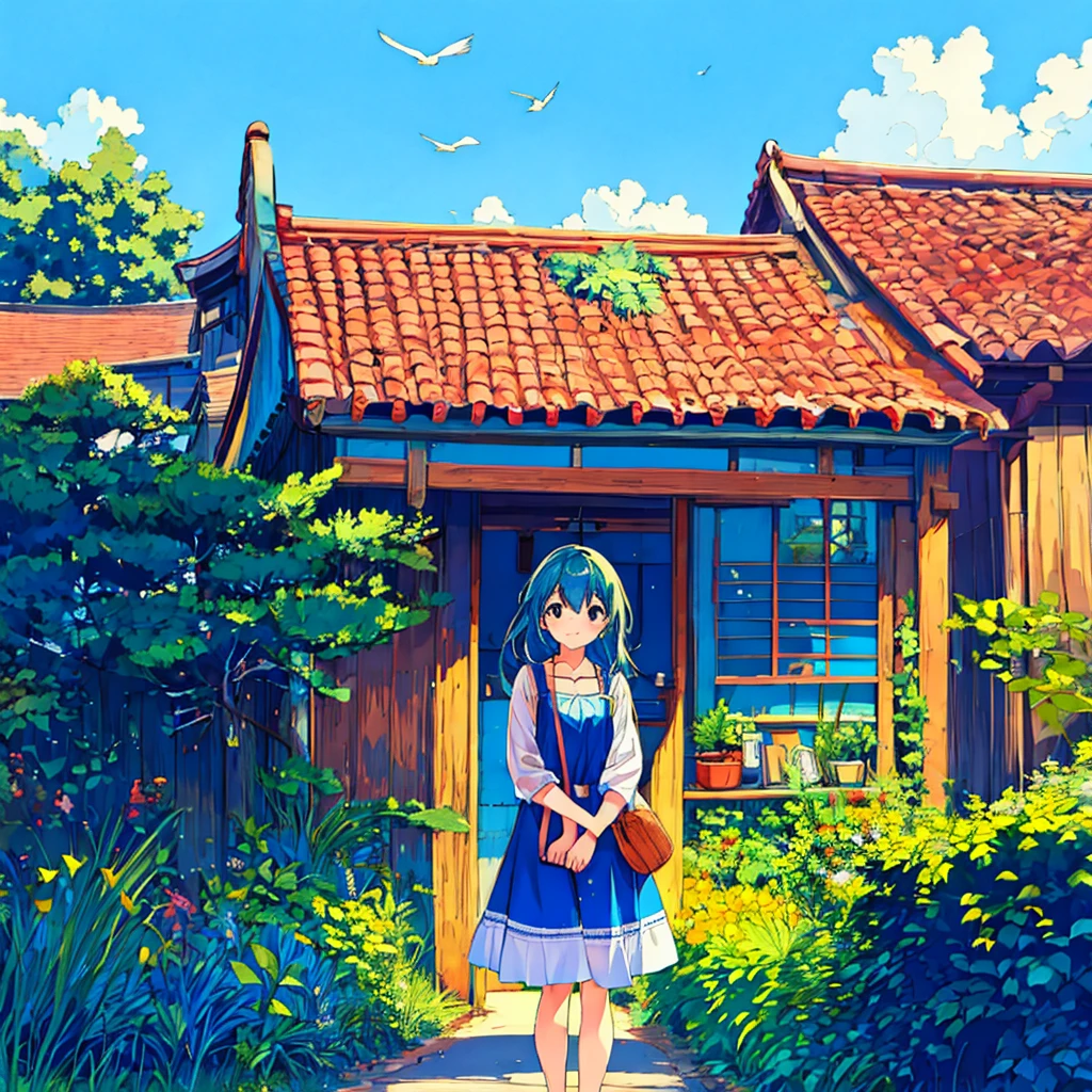 Beautiful summer scenery, blue sky, wind chimes, nostalgic, girl 